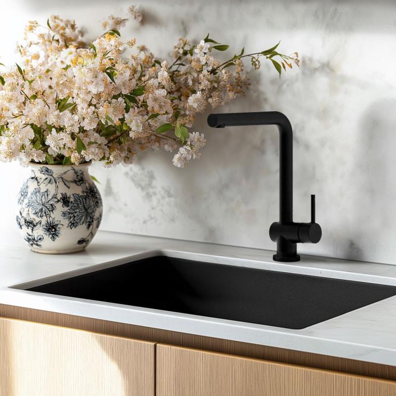 Black sink 50x40cm undermount inset and flush-mounted with stainless steel plug 1208956395