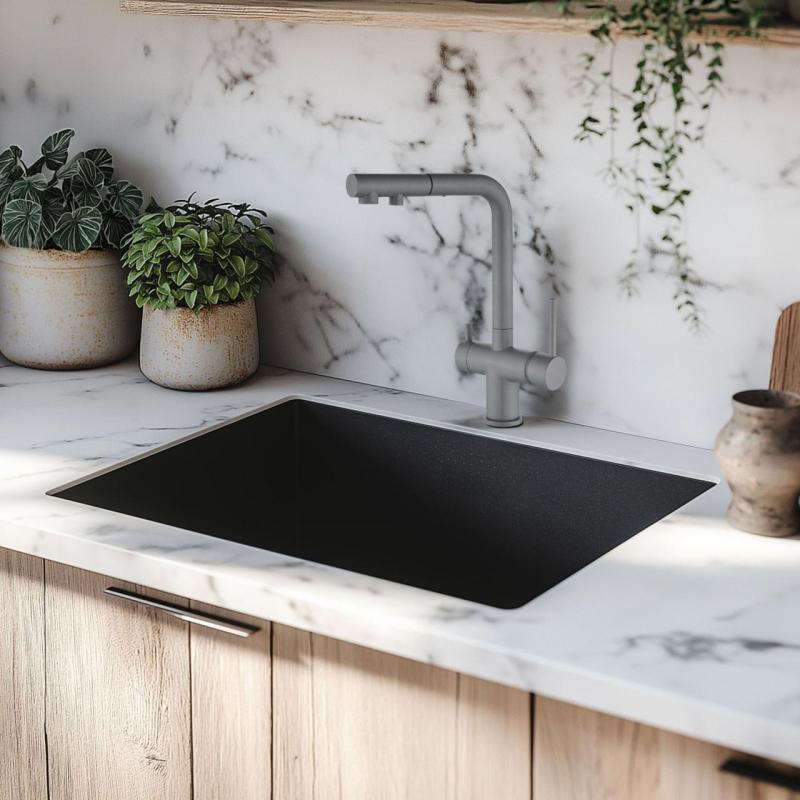 Black sink 50x40cm drop-in mounted undermount flush-mounted with black waste 1208956396