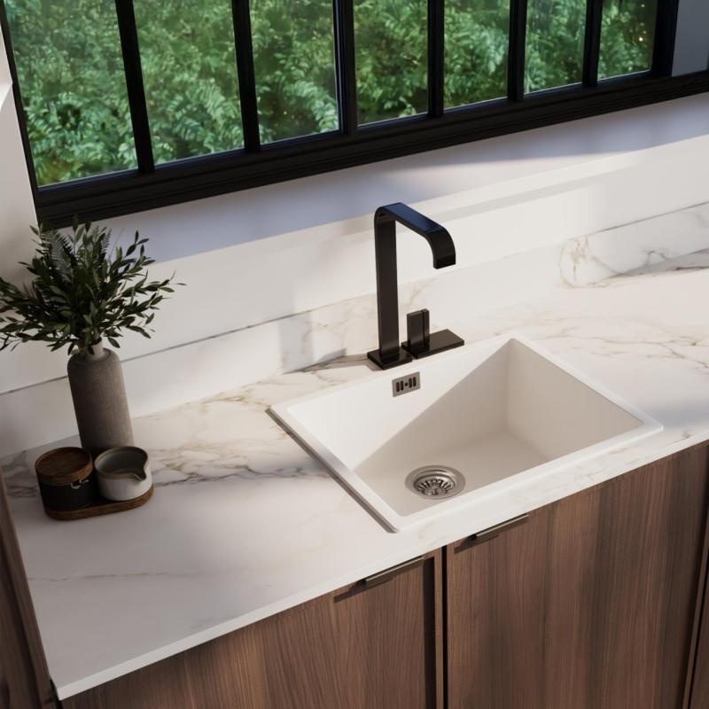 White sink 50x40cm undermount inset and flush-mounted with stainless steel plug 1208956397