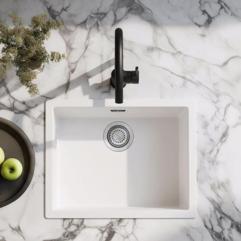 White sink 50x40cm undermount inset and flush-mounted with stainless steel plug 1208956397