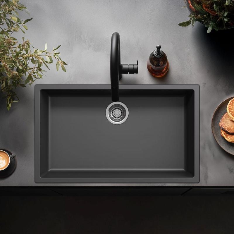 Black large sink 70x40cm undermount inset and flush-mounted with stainless steel plug 1208956400