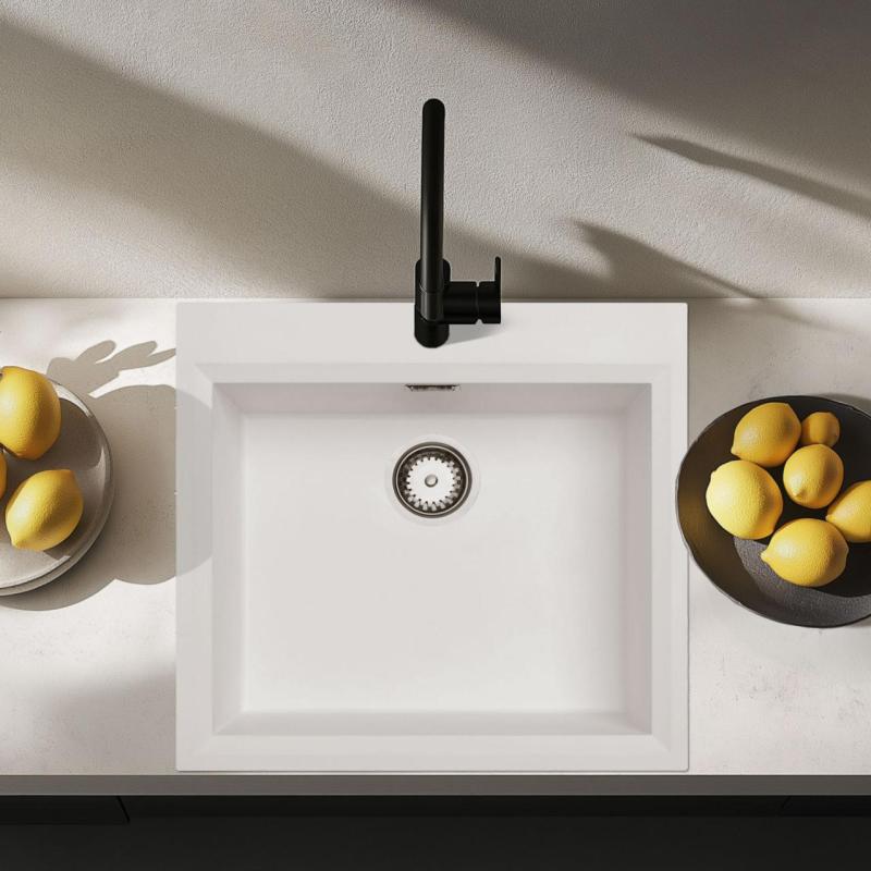 White inset sink 58x53cm with tap hole bench with stainless steel plug 1208956763