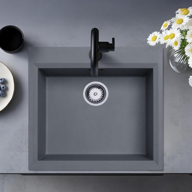 Concrete grey inset sink 58x53cm with tap hole bench with stainless steel plug 1208956771