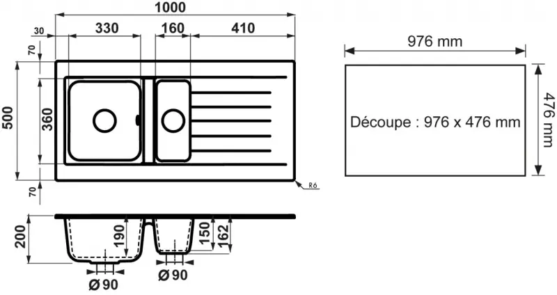Ausmann Fibre 1.5 black plastic sink, reversible with drip tray, surface-mounted, 100x50 cm 1208956783