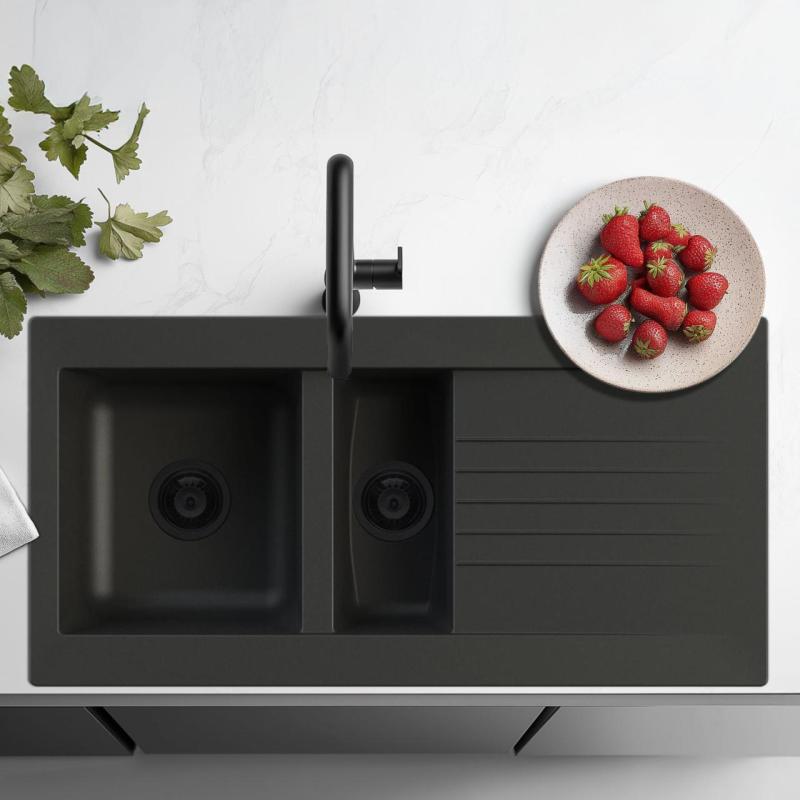 Ausmann Fibre 1.5 black plastic sink, reversible with drip tray, surface-mounted, 100x50 cm, with black plug 1208956784