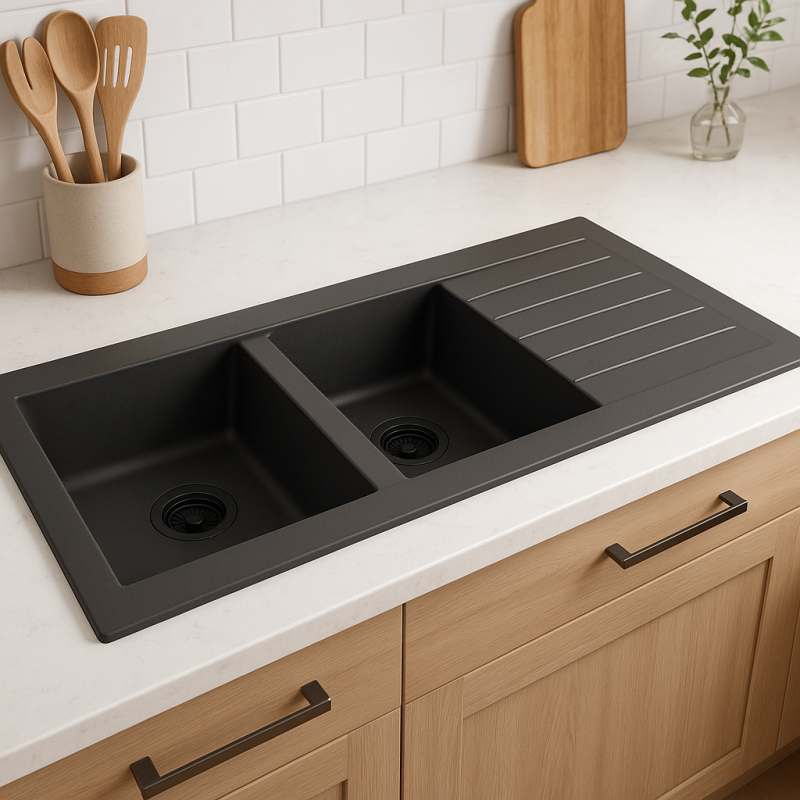 Ausmann Fibre double black plastic sink reversible with drainer inset 116x50 cm with black plug 1208956790