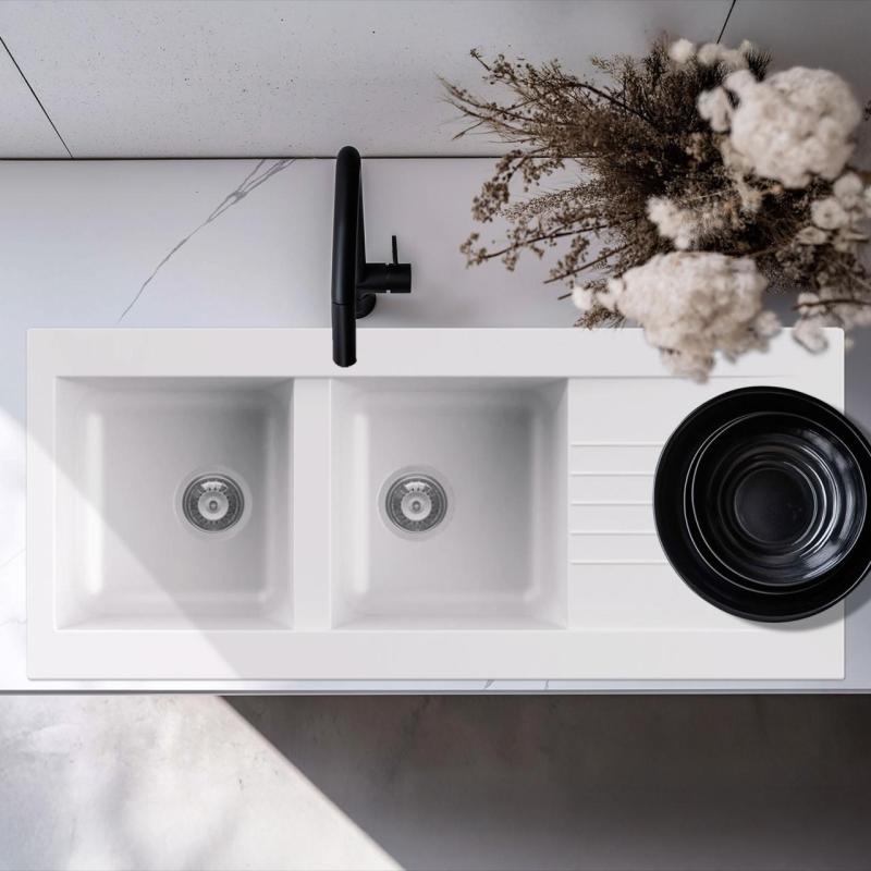 Ausmann Fibre double white plastic sink reversible with drainer inset 116x50 cm 1208956794