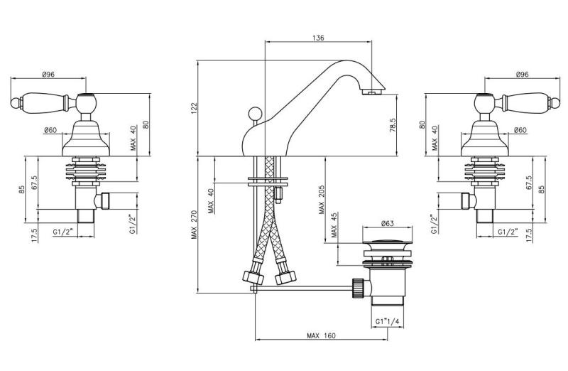PB classic tap 3 hole low-flow sink faucet White levers stainless steel 1208956908