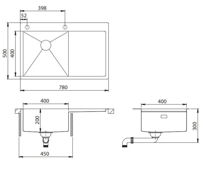 Ausmann Turt gun metal sink with drainer right 780x500mm inset and flush-mounted 1208956953