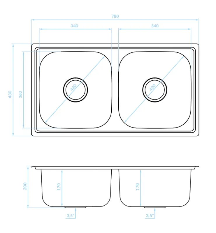 Ausmann Basic double stainless steel inset sink 78x43 cm including siphon 1208956995