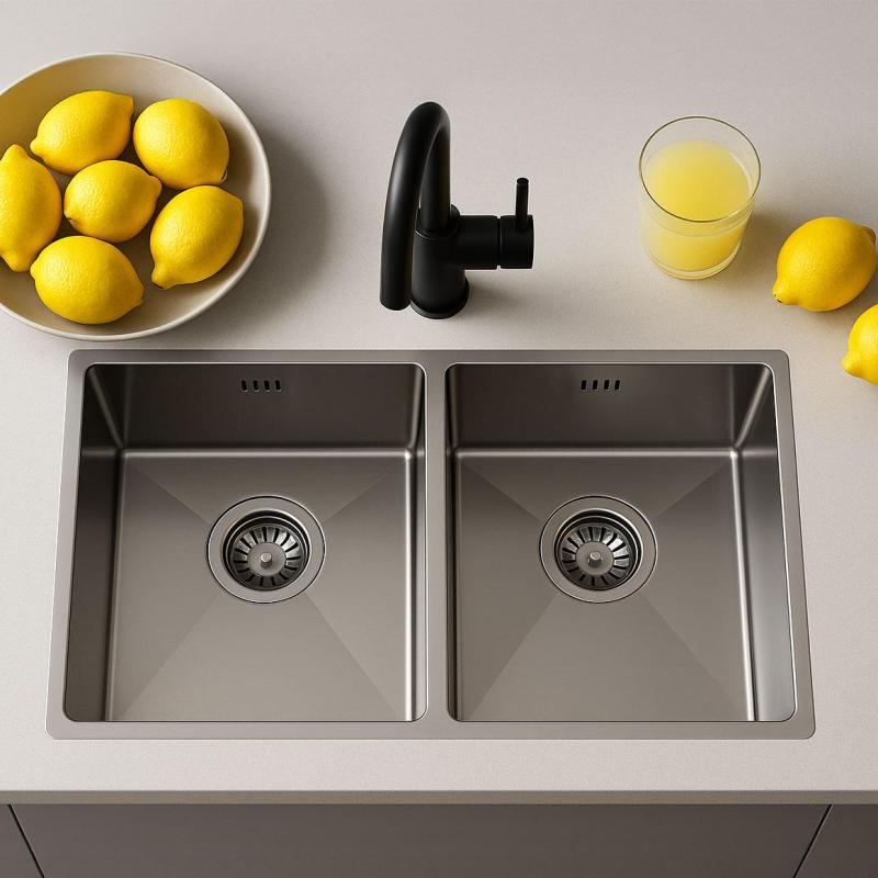 Ausmann Oder double stainless steel sink 76x45cm with 2 bowls 34x40 flush-mounted undermount and inset extra deep 22cm 1208957116