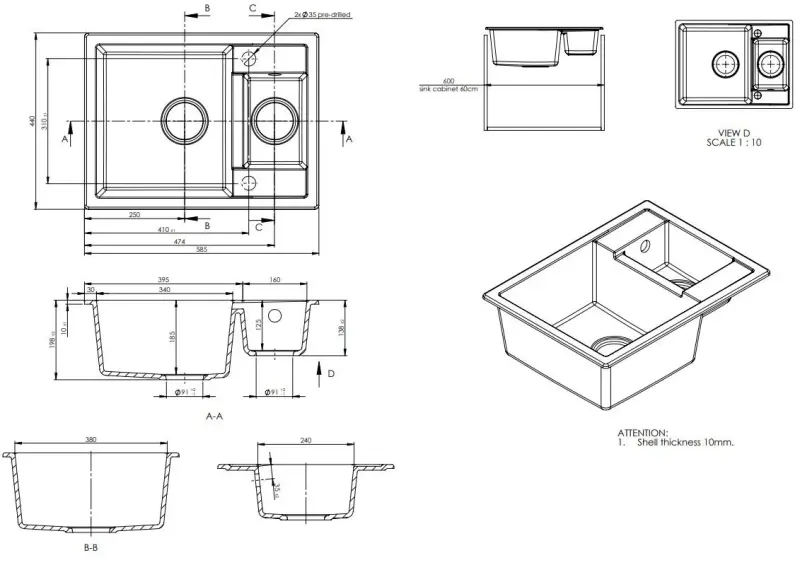 GraniteMy Smart extra shallow 1.5 granite inset black sink reversible 58x44cm 1208957386