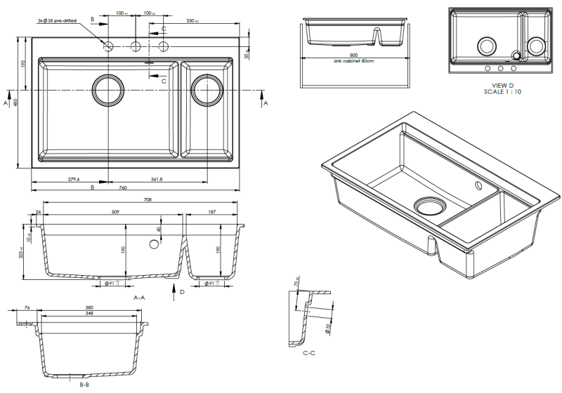 GraniteMy Limited large 1.5 granite inset and undermount black sink incl. accessory 76x48 cm 1208957389