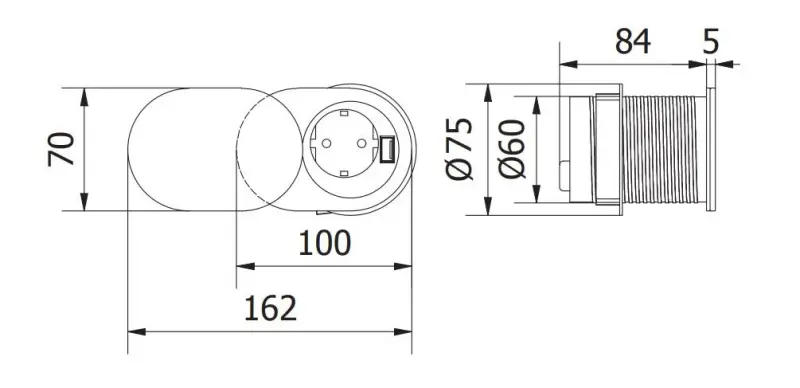 Indux Slide built-in kitchen socket for countertop pin earthing with USB and socket stainless steel 1208957392