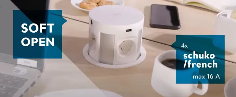 Indux Push retractable earthed black kitchen socket for worktop with 4 outlets, 2 x USB, 2 x RJ45 and wireless charging 1208957420