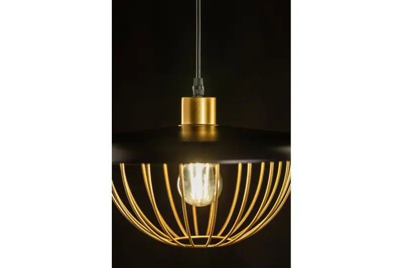 Decor Tulip modern pendant lamp with black metal rim and golden wire cage 3444