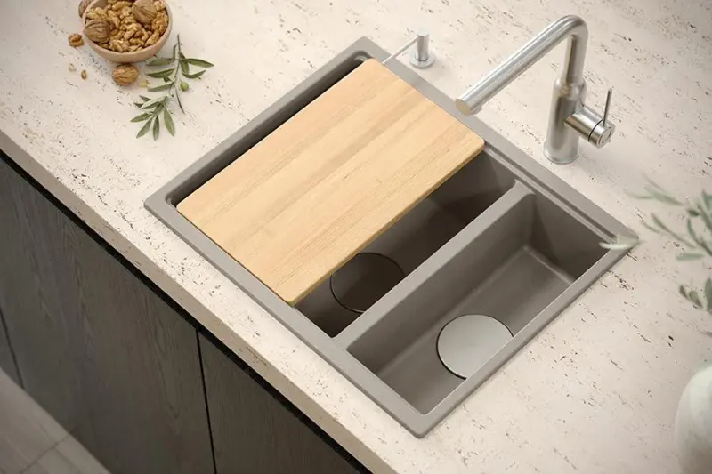 Quadri Newport II granite white inset and undermount sink 1,5-bowl 555x460mm with stainless steel manual siphon 1208957860