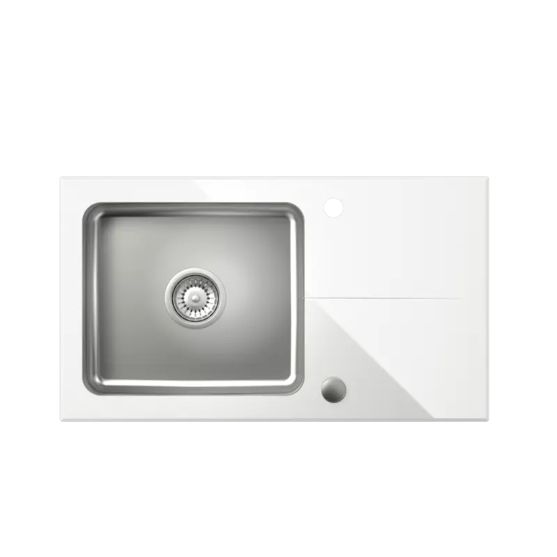 Quadri Glazz surface mounted stainless steel sink with white glass drainer reversible 77x44 1208957863
