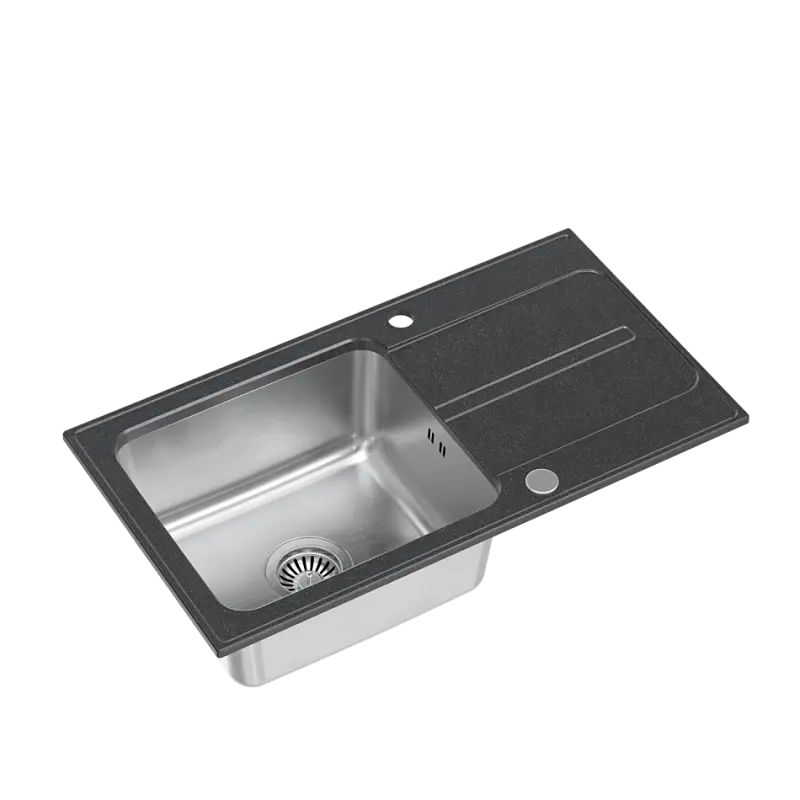 Quadri Fusion inset stainless steel sink with black-dotted granite drainer 78x43 reversible 1208957879