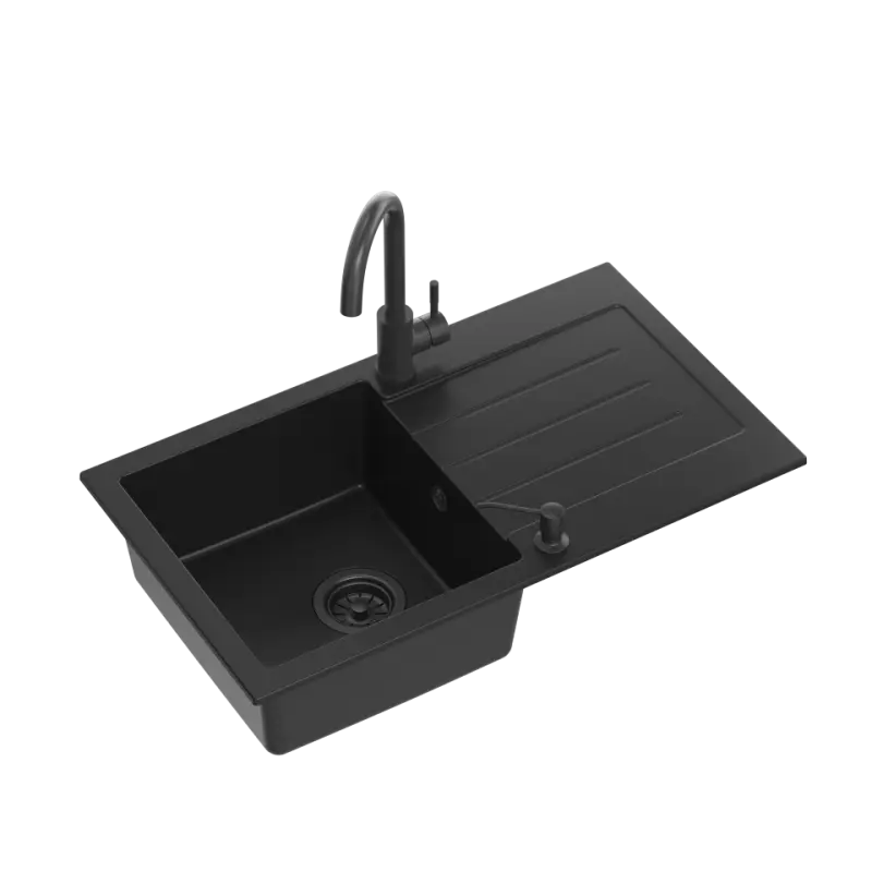 Quadri Kendal black inset sink with drainer, faucet and liquid dispenser 77x44 1208957888