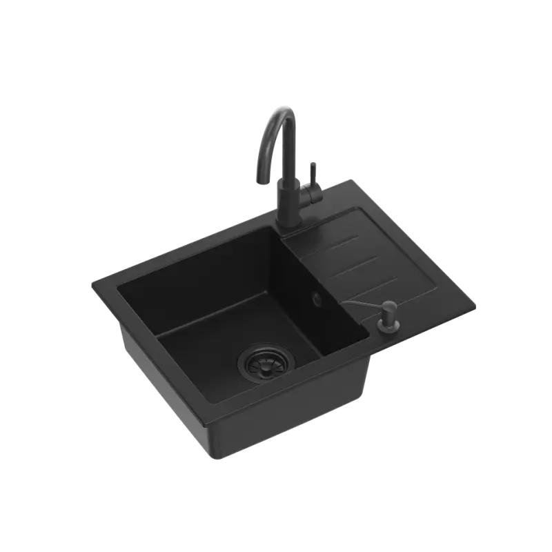 Quadri Kendal black inset sink with drainer, faucet and liquid dispenser 60x44 1208957889