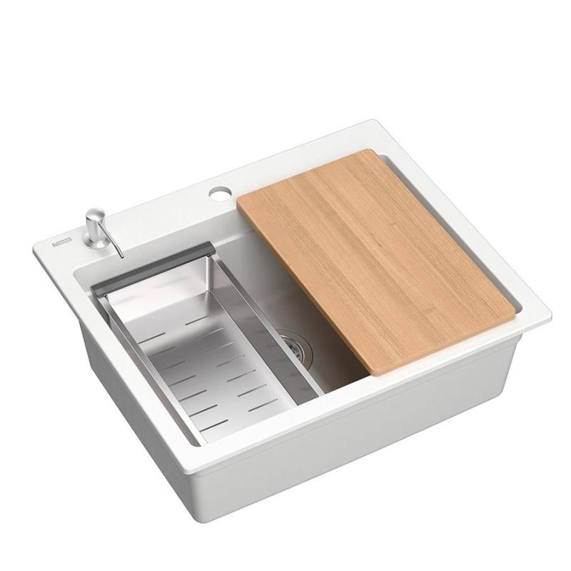 Quadri Durham white granite built-in sink 595x500 with soap dispenser, cutting board, roll mat, insert sink, and roll mat 1208957903