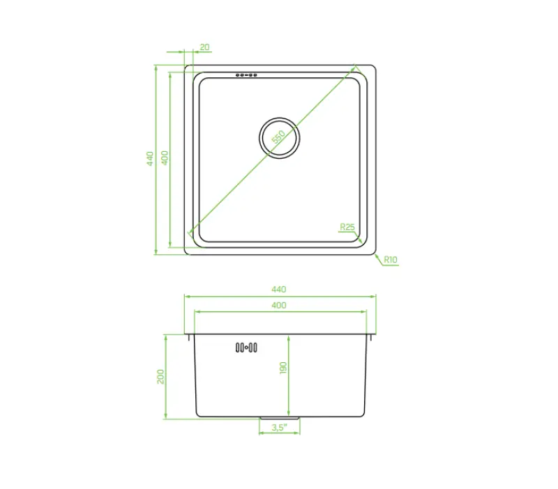 Aquadesign R25 steel top-mounted, undermount and flush-mounted sink gun metal 40x40cm 1208958207