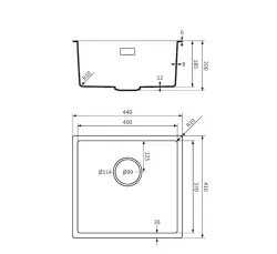 Lorreine BQ series sink 44x41cm undermount black with gun metal plug 40BQ37-FU-GUNMETAL