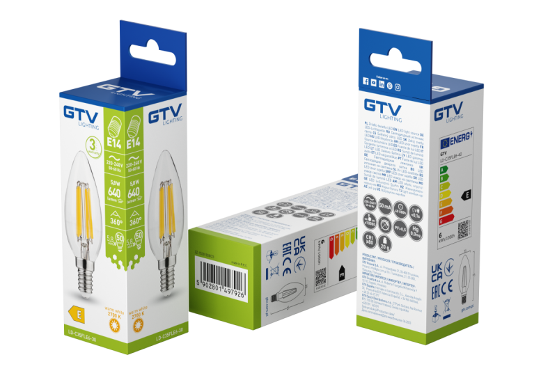 LED LIGHT SOURCE, FILAMENT, A-G, C35, 2700K, E14, 5,8W, AC220-240V, 360°, 640lm, 50mA 1208966964