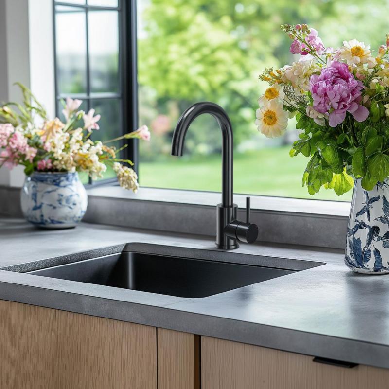 Quadri Coventry stainless steel kitchen mixer tap PVD brushed, black with swivelling spout 1208967084