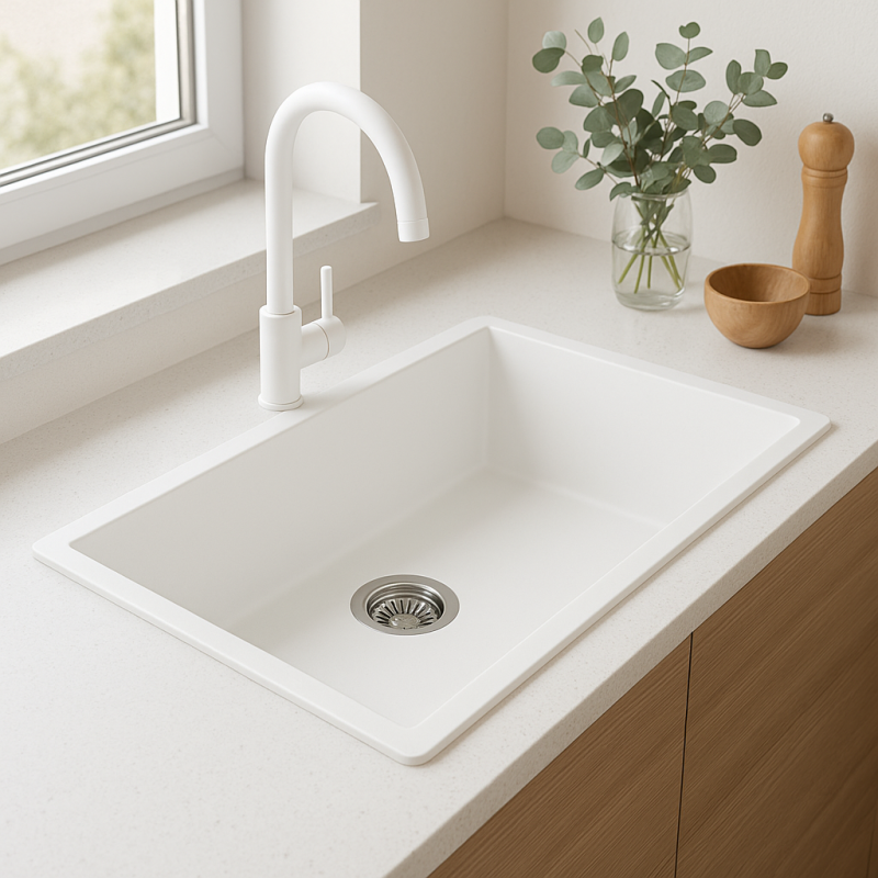 GraniteMy Universal granite large white sink 74x40 cm white top-mounted, undermount and flush-mount with stainless steel plug 1208967111