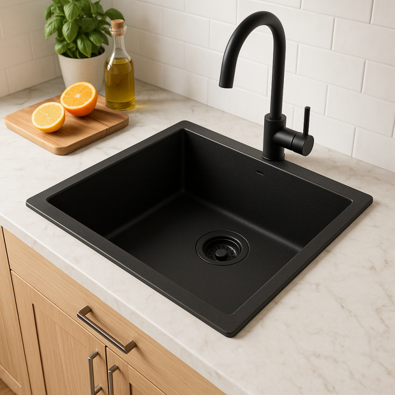 GraniteMy Universal granite black sink 50x40 cm black top-mounted, undermount and flush-mount with black plug 1208967129
