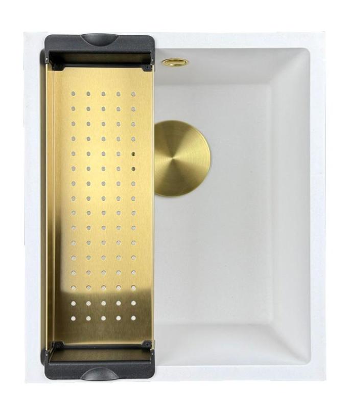 GraniteMy Universal granite white sink 34x40 cm white top-mounted, undermount and flush-mount with gold plug 1208967149