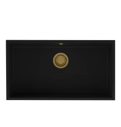GraniteMy Universal granite large black sink 74x40 cm black top-mounted, undermount and flush-mount with golden plug 1208967158