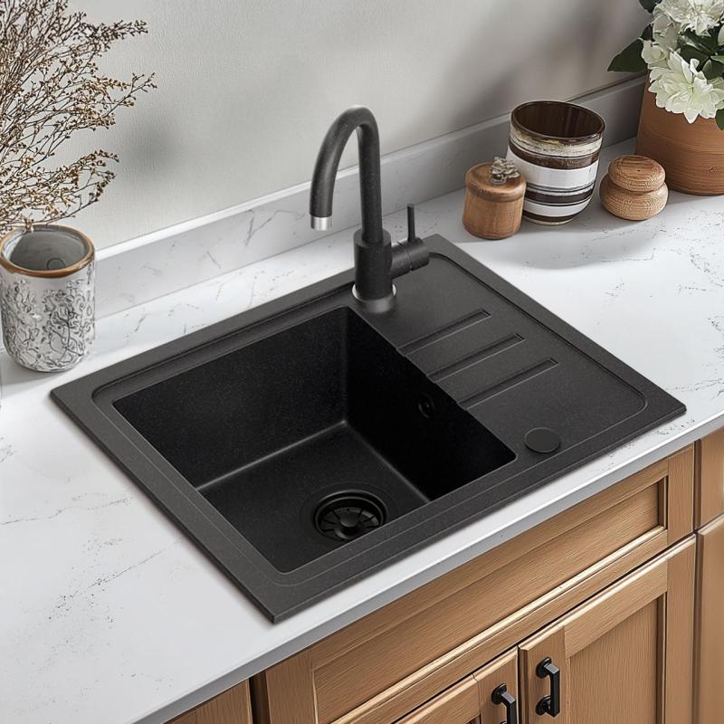 Quadri Sligo 60 anthracite granite sink set 55x44 cm with drainer, including tap 1208967199