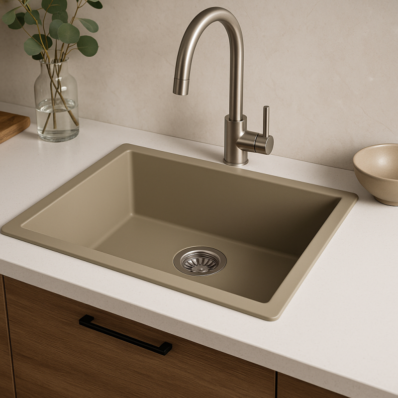GraniteMy Universal granite taupe sink 50x40 cm top-mounted, undermount and flush-mount with stainless steel plug 1208967223
