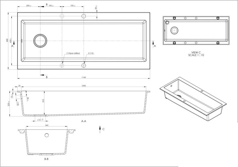 GraniteMy Trog granite very large black sink 116x50 cm black top-mounted with tap hole bench with copper plug 1208967238