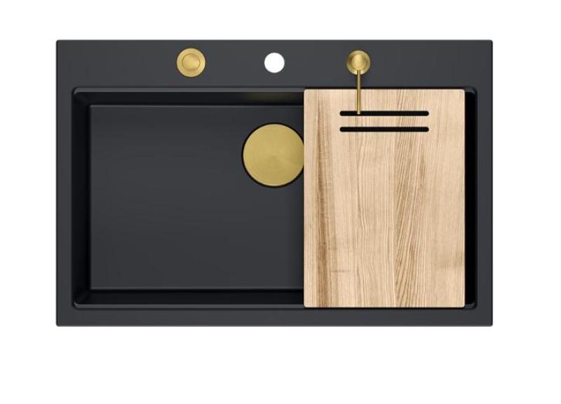 Quadri Hard Rock mat black granite inset large sink 76x50cm including golden plug and accessories 1208967277