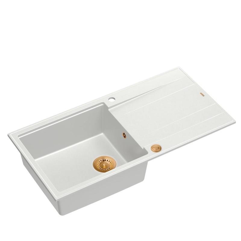 Quadri Luton white granite Inset Kitchen Sink with draining board reversible 100x50cm with copper plug 1208967318