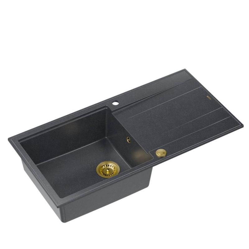 Quadri Luton anthracite granite Inset Kitchen Sink with draining board reversible 100x50cm with golden plug 1208967322