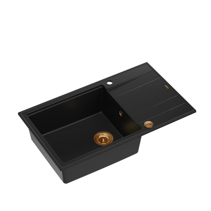 Quadri Luton black granite large Inset Kitchen Sink with draining board reversible 86x50cm with copper plug 1208967326