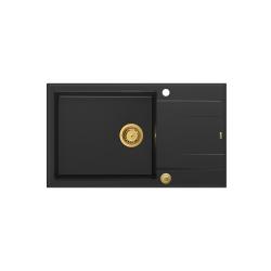 Quadri Luton black granite large Inset Kitchen Sink with draining board reversible 86x50cm with golden plug 1208967327