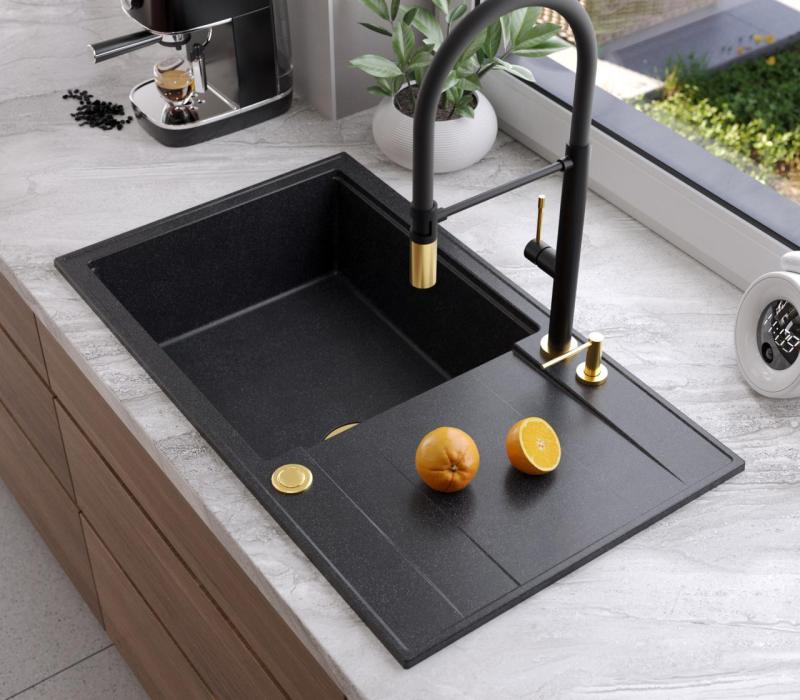 Quadri Luton black granite large Inset Kitchen Sink with draining board reversible 86x50cm with golden plug 1208967327