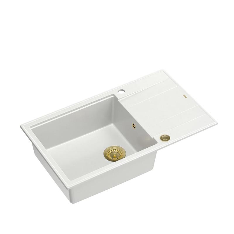 Quadri Luton witte granite large Inset Kitchen Sink with draining board reversible 86x50cm with golden plug 1208967329