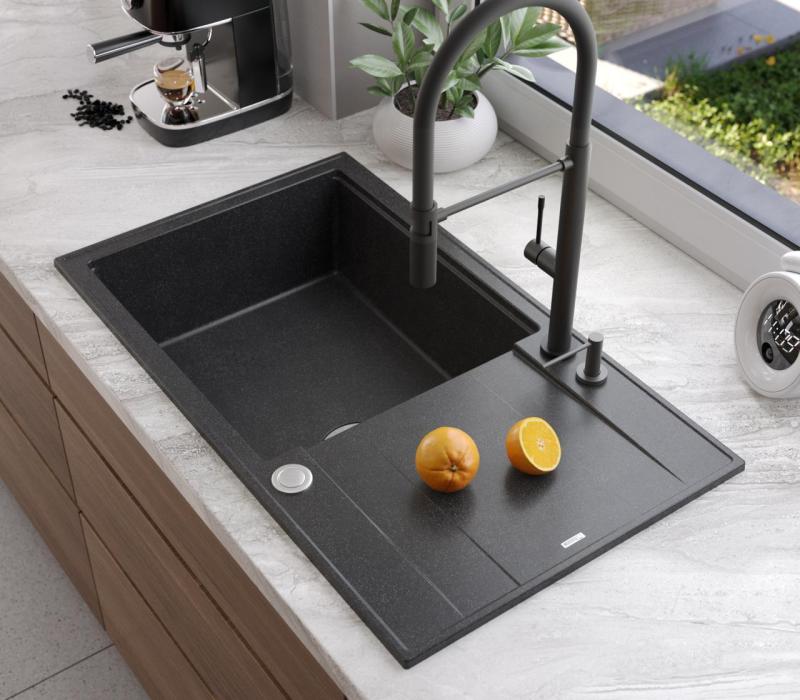 Quadri Luton anthracite granite large Inset Kitchen Sink with draining board reversible 86x50cm with stainless steel plug 1208967333