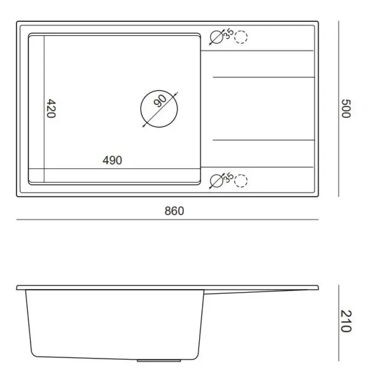 Quadri Luton anthracite granite large Inset Kitchen Sink with draining board reversible 86x50cm with stainless steel plug 1208967333