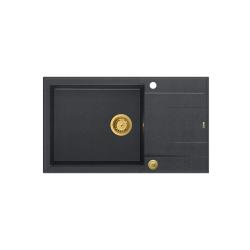 Quadri Luton anthracite granite large Inset Kitchen Sink with draining board reversible 86x50cm with golden plug 1208967334