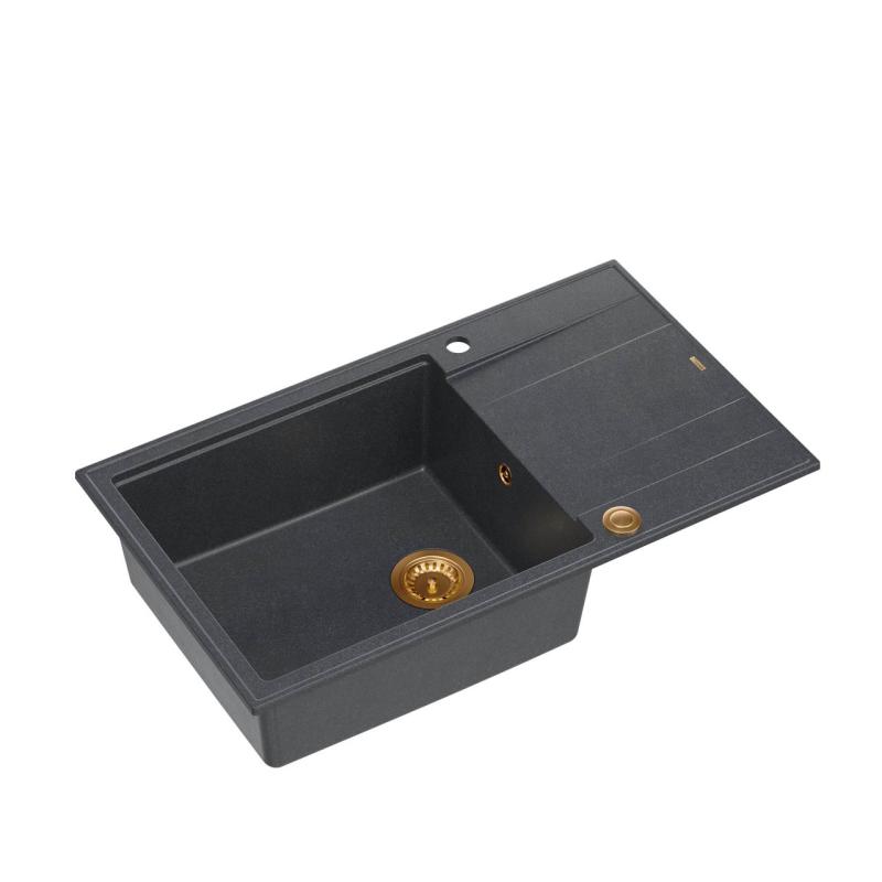 Quadri Luton anthracite granite large Inset Kitchen Sink with draining board reversible 86x50cm with copper plug 1208967335