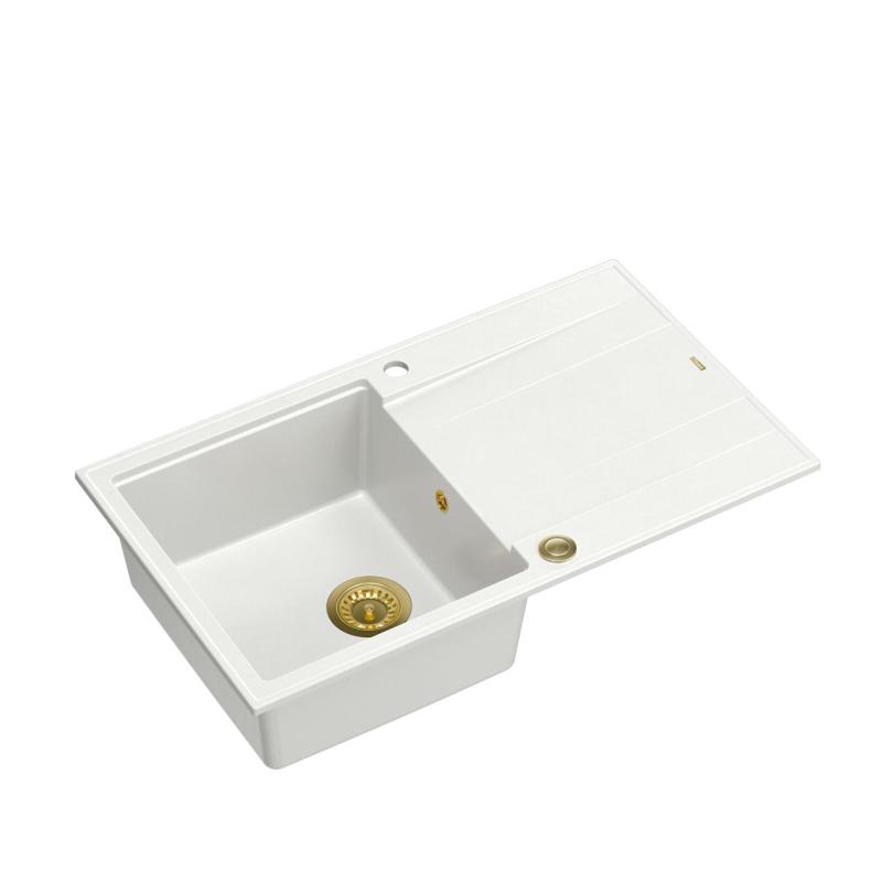 Quadri Luton white granite Inset Kitchen Sink with draining board reversible 86x50cm with golden plug 1208967338