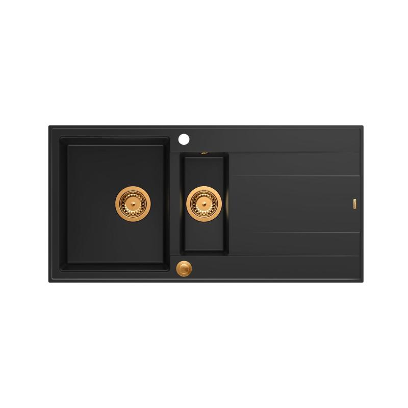 Quadri Luton black granite 1.5 Inset Kitchen Sink with draining board reversible 100x50cm with copper plug 1208967347